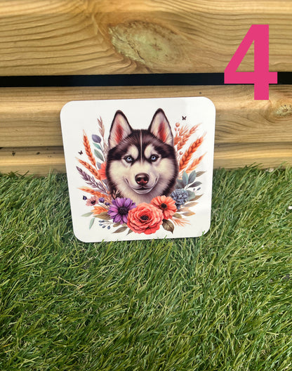 Coaster with a dog illustration and floral design on grass
