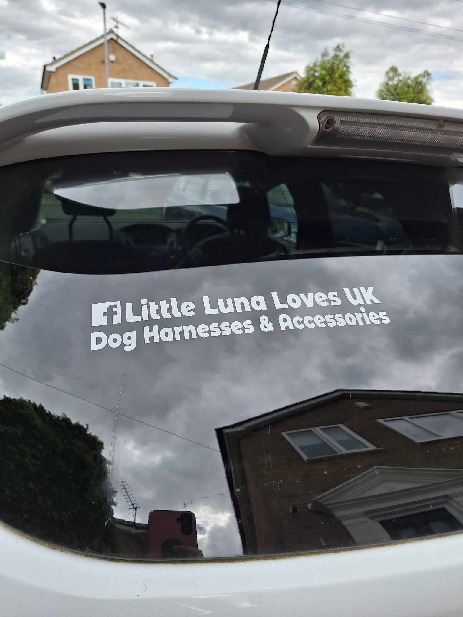 Car window with 'Little Luna Loves UK' decal reflecting a house and sky