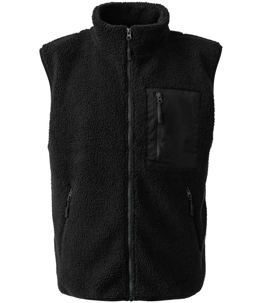 Black fleece gilet with a front zipper and two side pockets on a white background