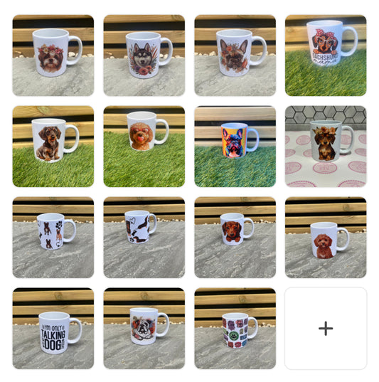 Grid of mugs with various dog illustrations on a grassy background