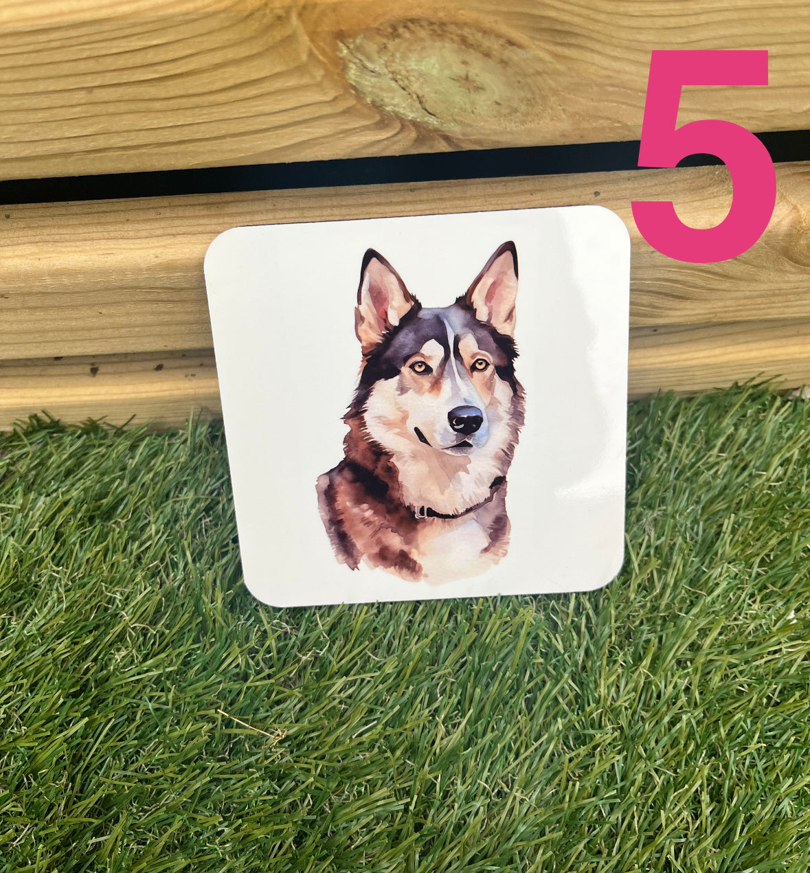Coaster with a dog illustration on grass with a wooden surface