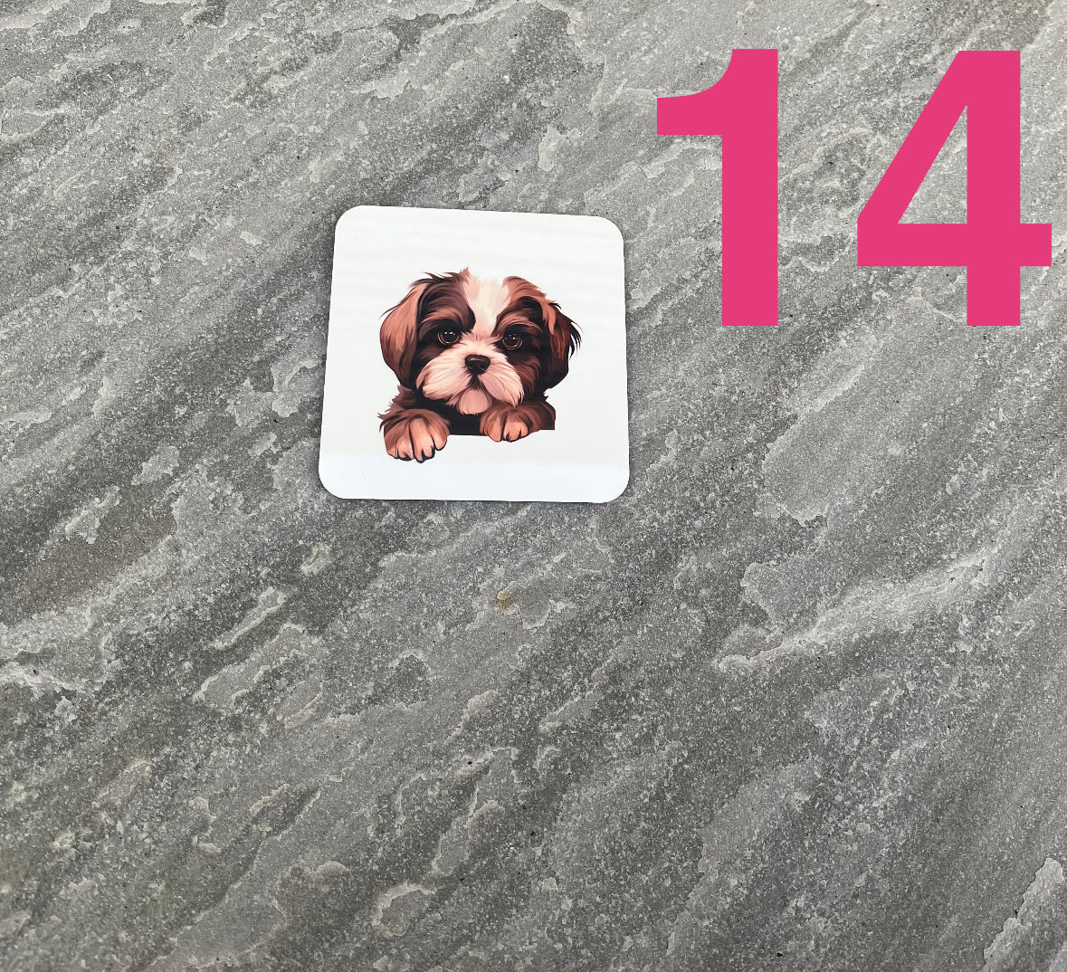 Sticker of a dog on a textured gray surface with the number 14.