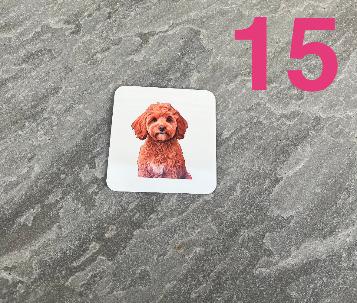Square sticker with a dog on a textured gray background