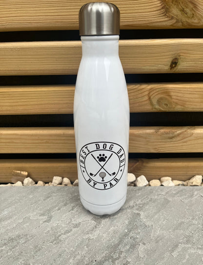 White insulated bottle with black logo on a stone surface with wooden background