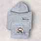 Folded gray hoodie with pet-sitting and animal boarding design on a light gray background