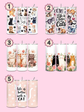 Set of 5 tumblers with cat-themed designs on a pink background