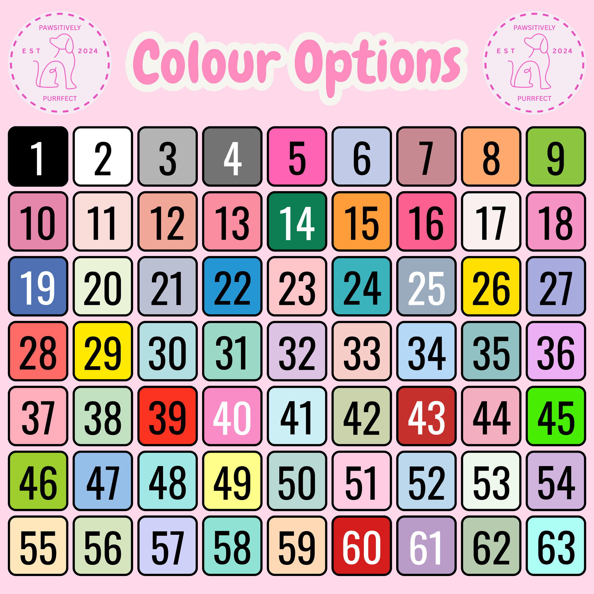 Color swatch chart with numbers on a pink background