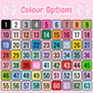 Color swatch chart with numbers on a pink background
