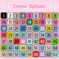 Color swatch chart with numbers on a pink background