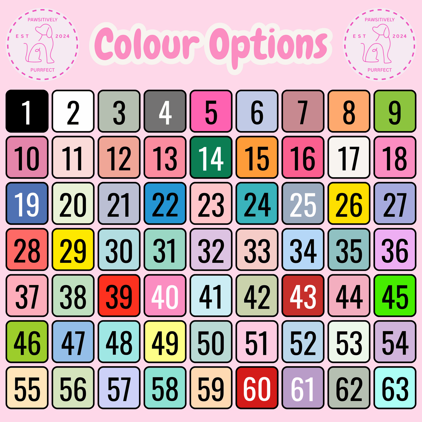 Color swatch chart with numbers on a pink background
