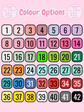 Color swatches labeled 1 to 42 on a pink background