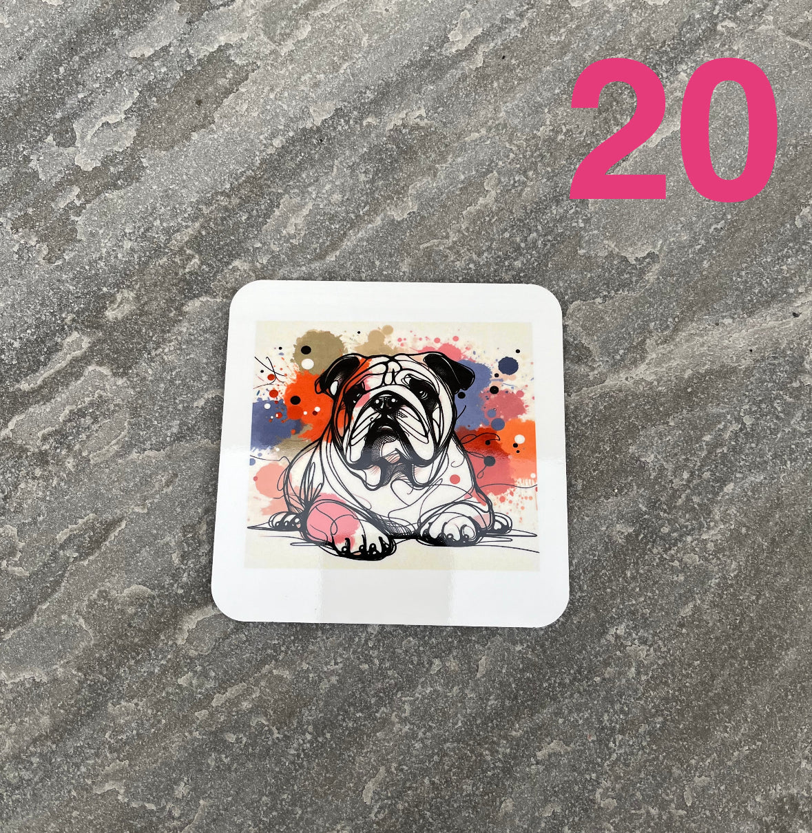 Sticker with a bulldog illustration on a textured surface with the number 20.