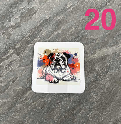 Sticker with a bulldog illustration on a textured surface with the number 20.