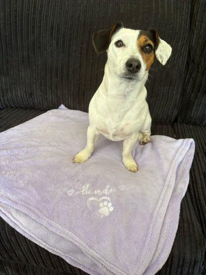 Dog sitting on a textured blanket with a brand logo on a dark couch