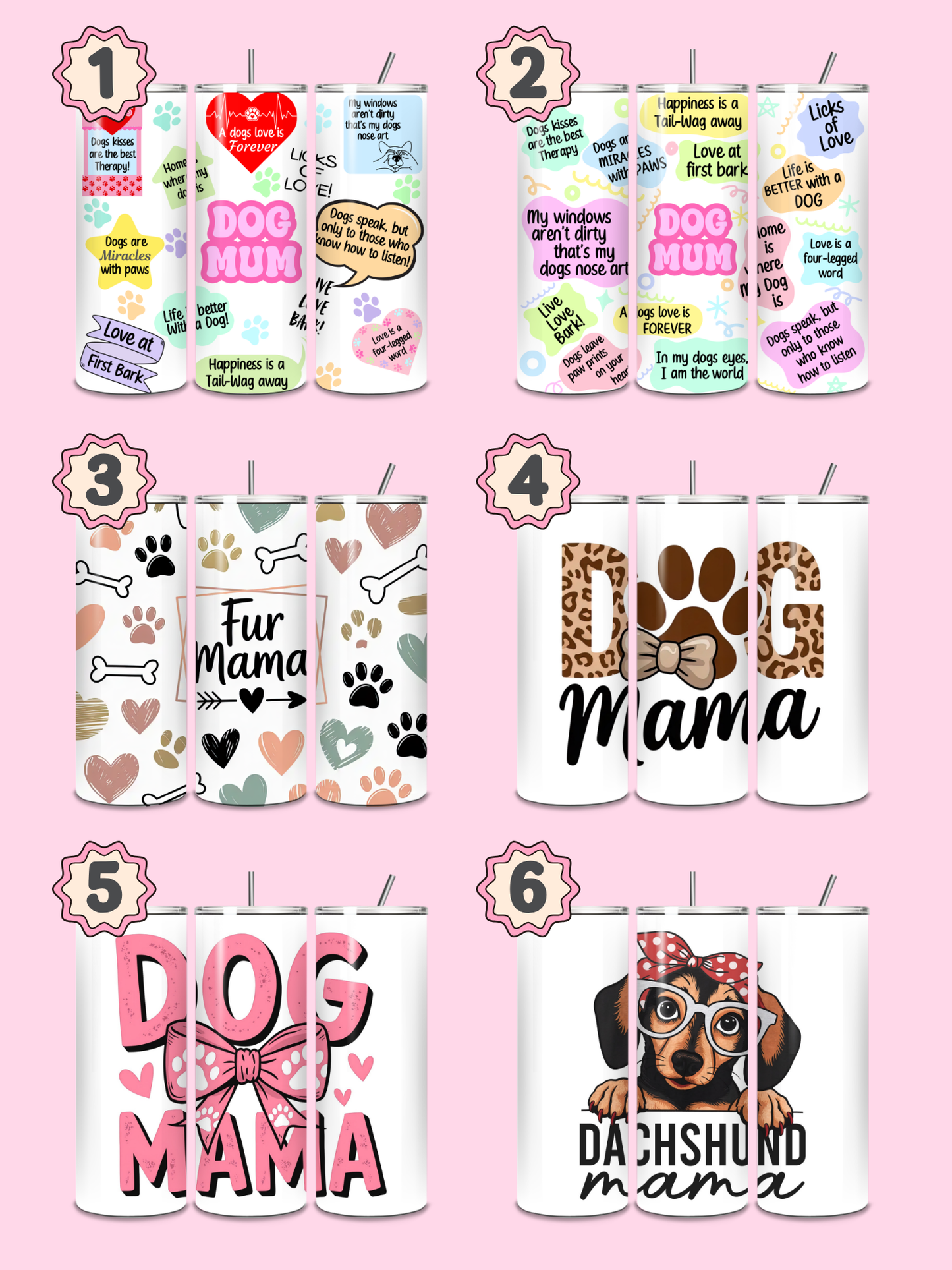 Set of six tumblers with dog-themed designs on a pink background