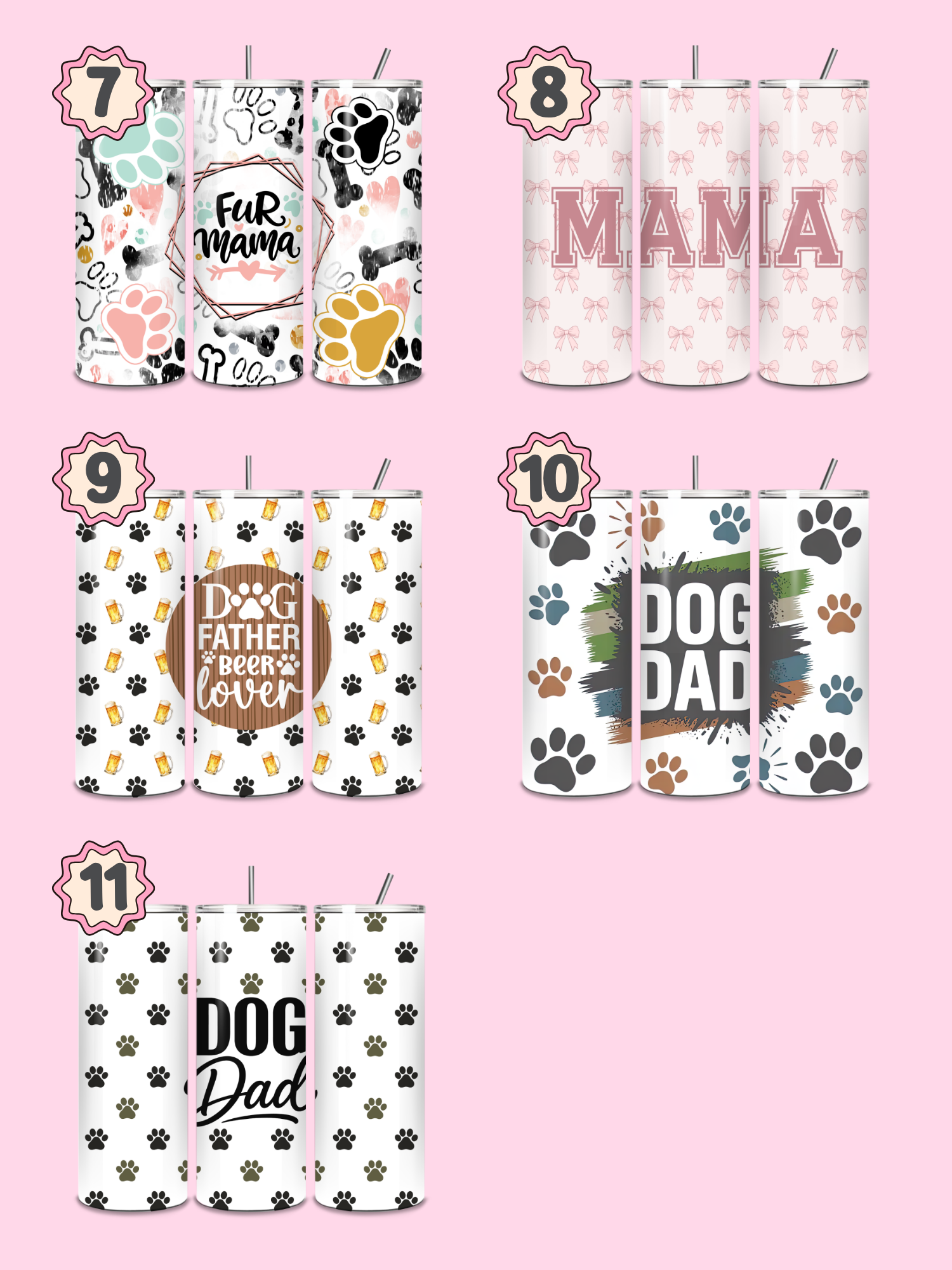 Collection of tumblers with dog-themed designs on a pink background