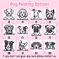 Illustrations of dogs peering from various positions on a pink background with text.
