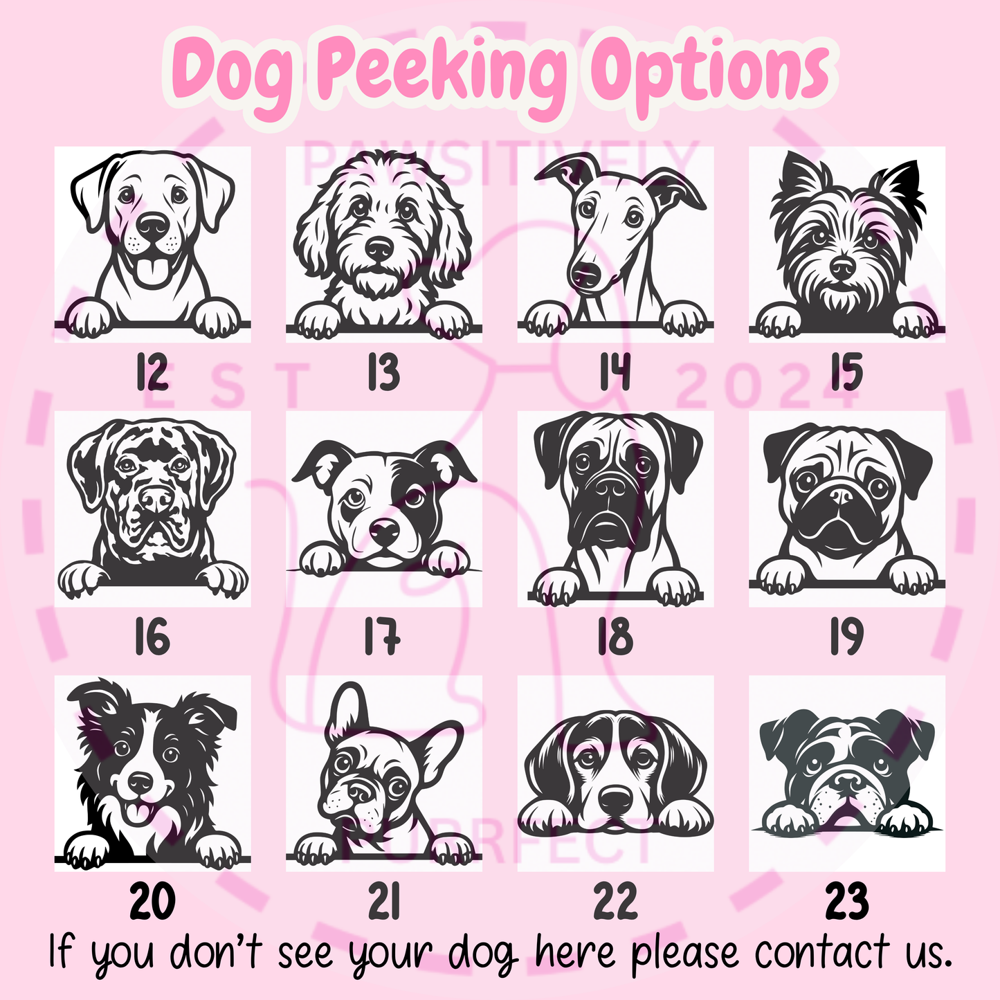 Illustrations of dogs peering from various positions on a pink background with text.