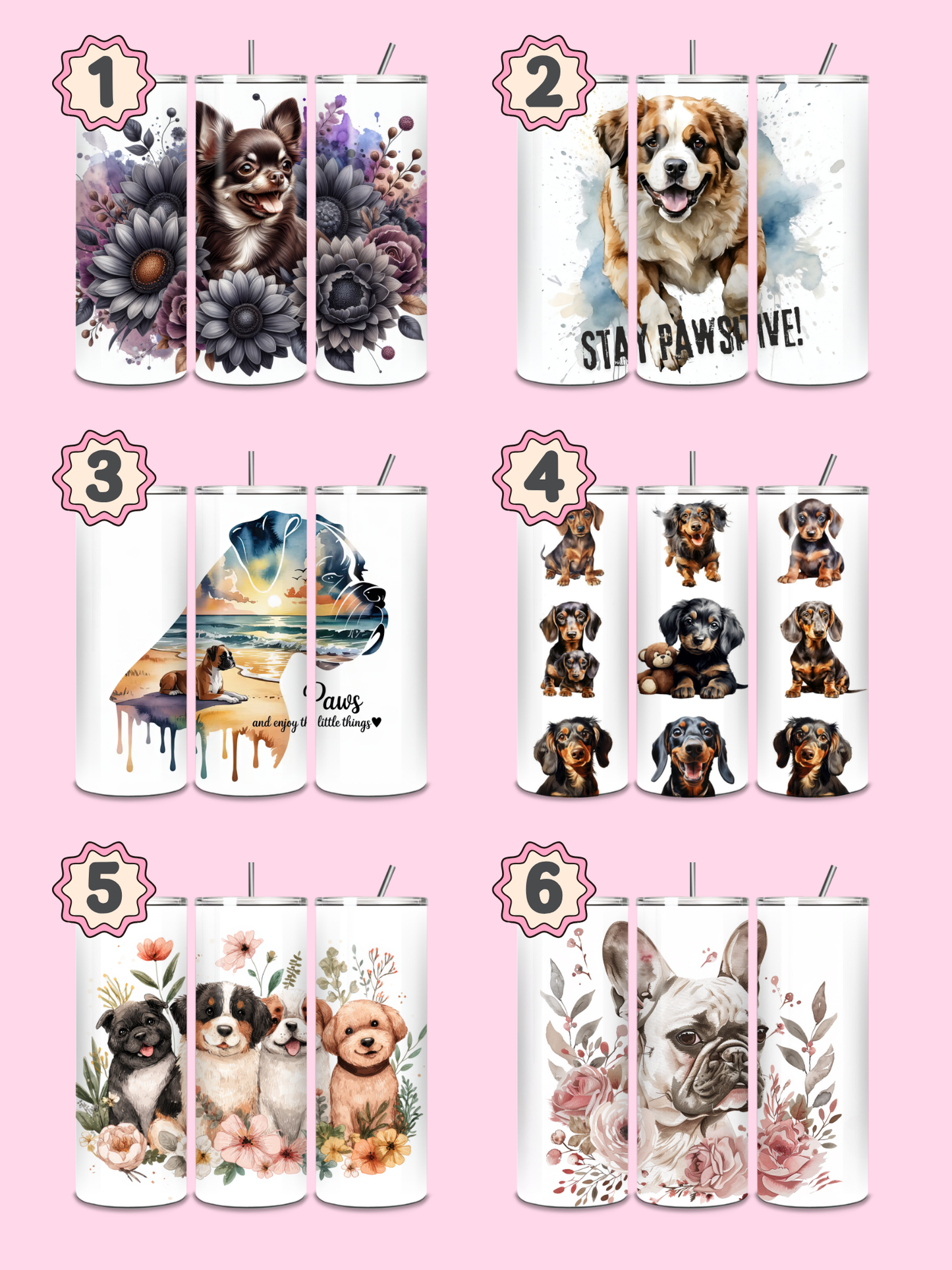 Collection of dog-themed tumblers with various designs on a pink background