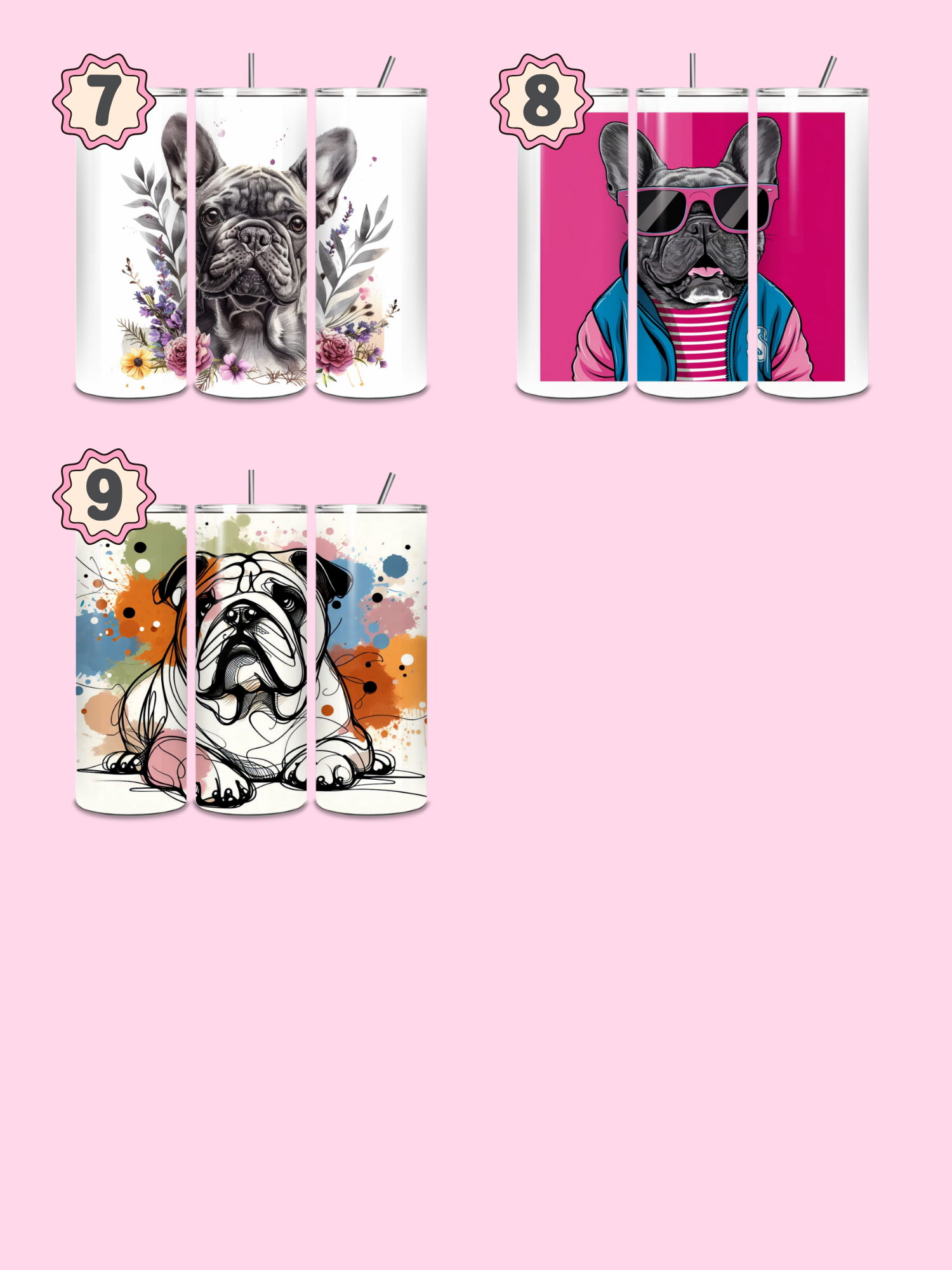 Set of tumblers with dog illustrations on a pink background