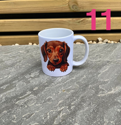 Mug with a dachshund design on a stone surface with a wooden background