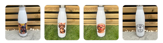 Set of four white water bottles with different designs on a wooden and grass background