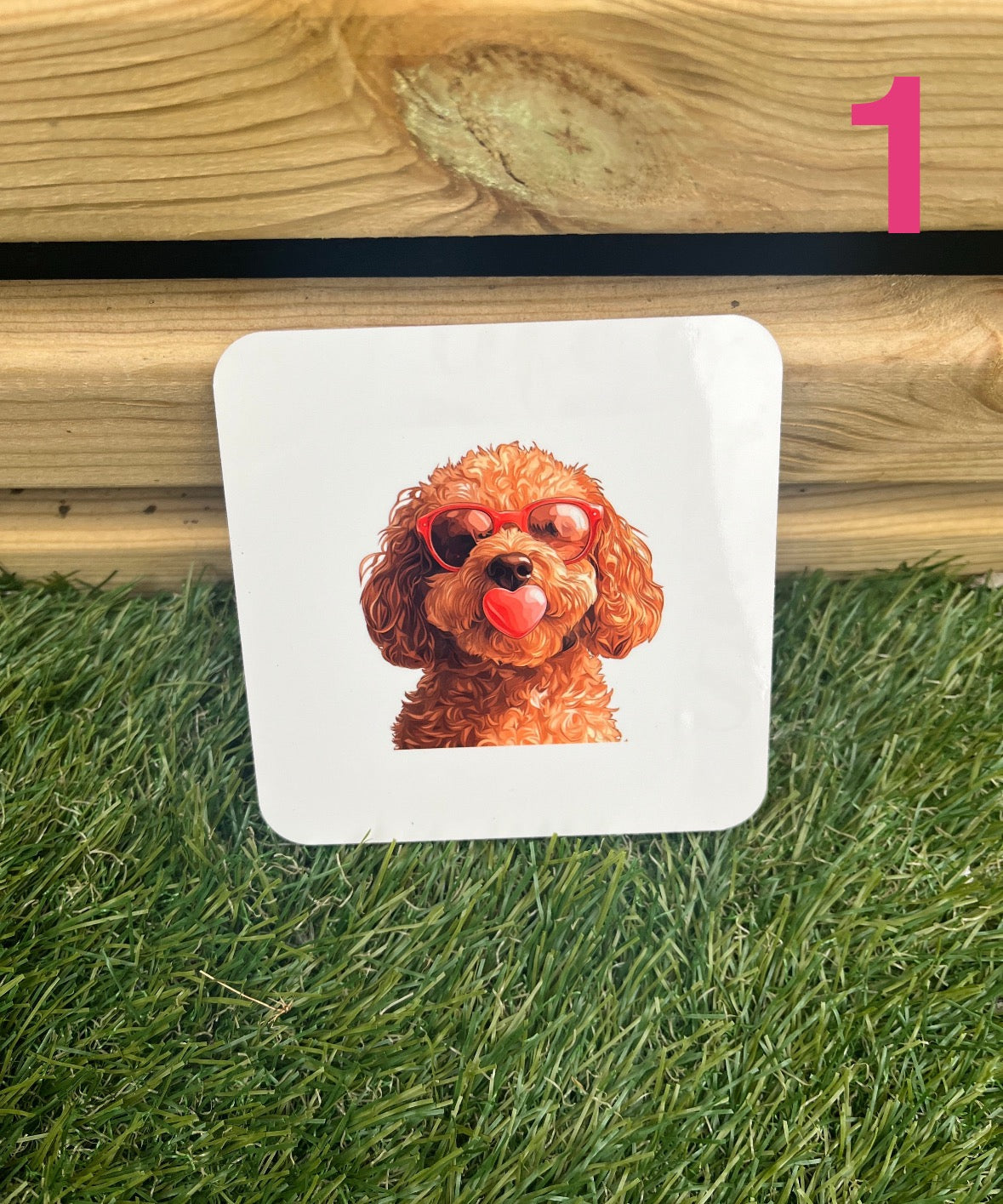 Coaster with a dog illustration on grass and wooden surface