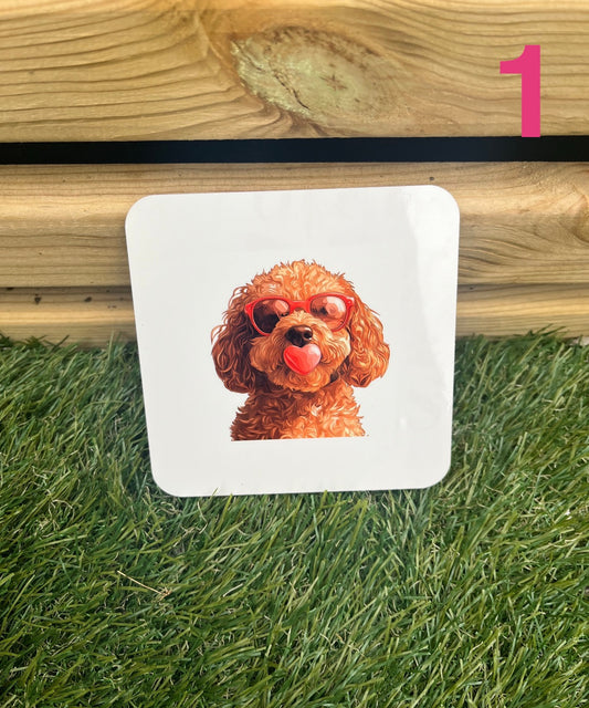 Coaster with a dog illustration on grass and wooden surface