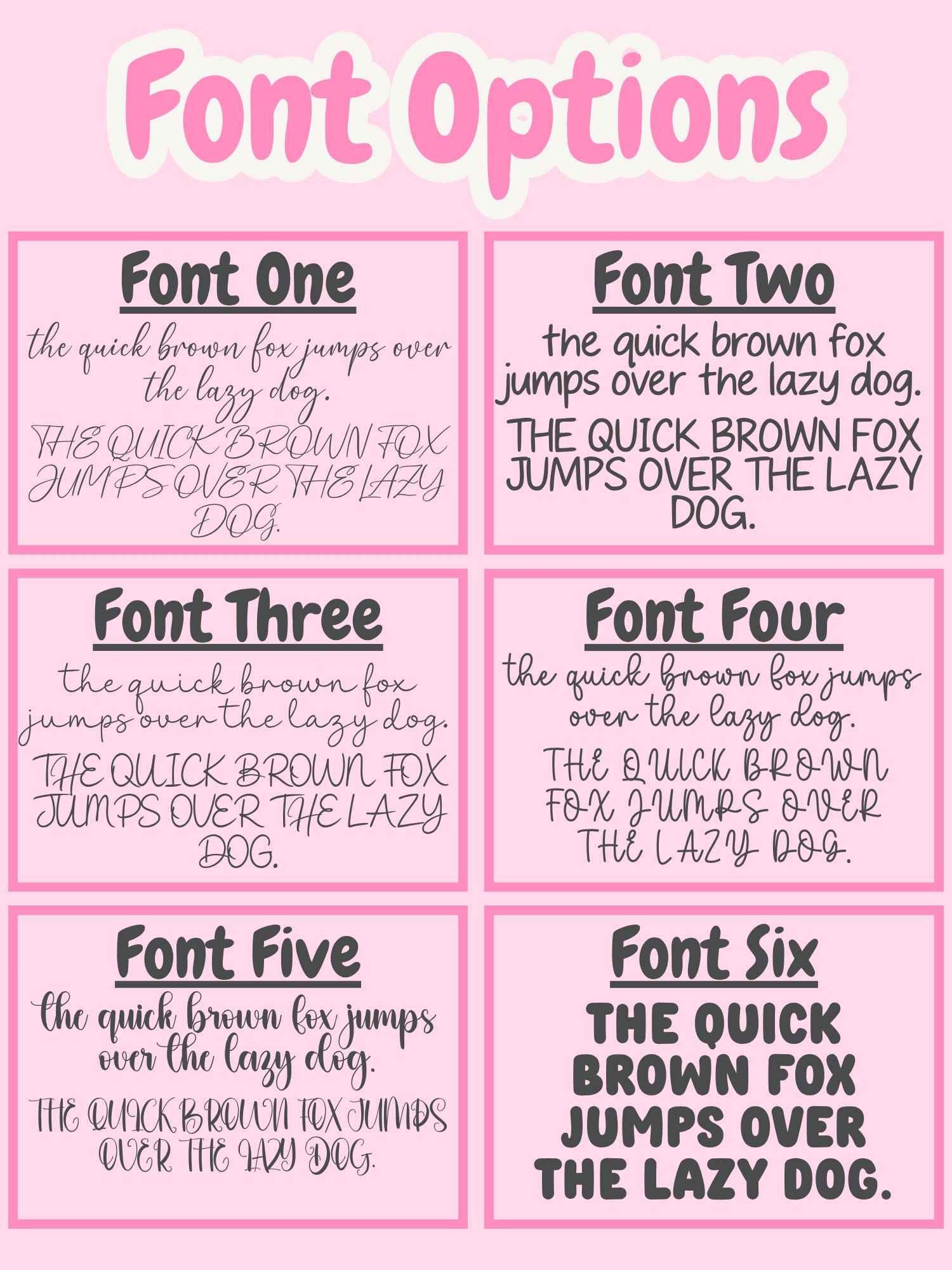 Comparison of six different fonts on a pink background