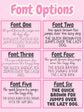 Comparison of six different fonts on a pink background