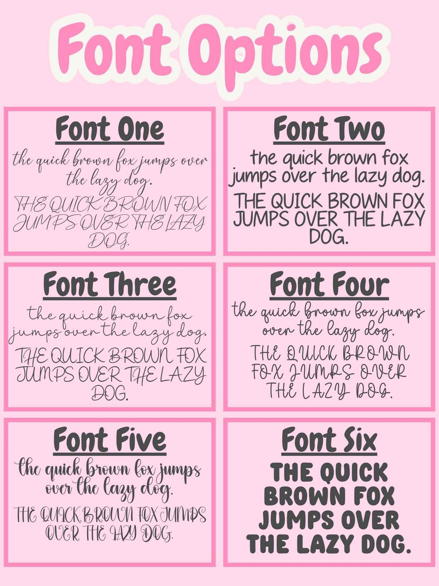 Comparison of six different fonts on a pink background