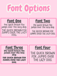 Comparison of four different fonts on a pink background with text examples.