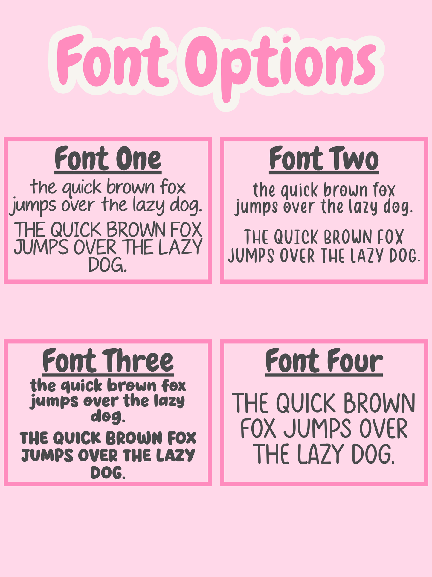 Comparison of four different fonts on a pink background with text examples.