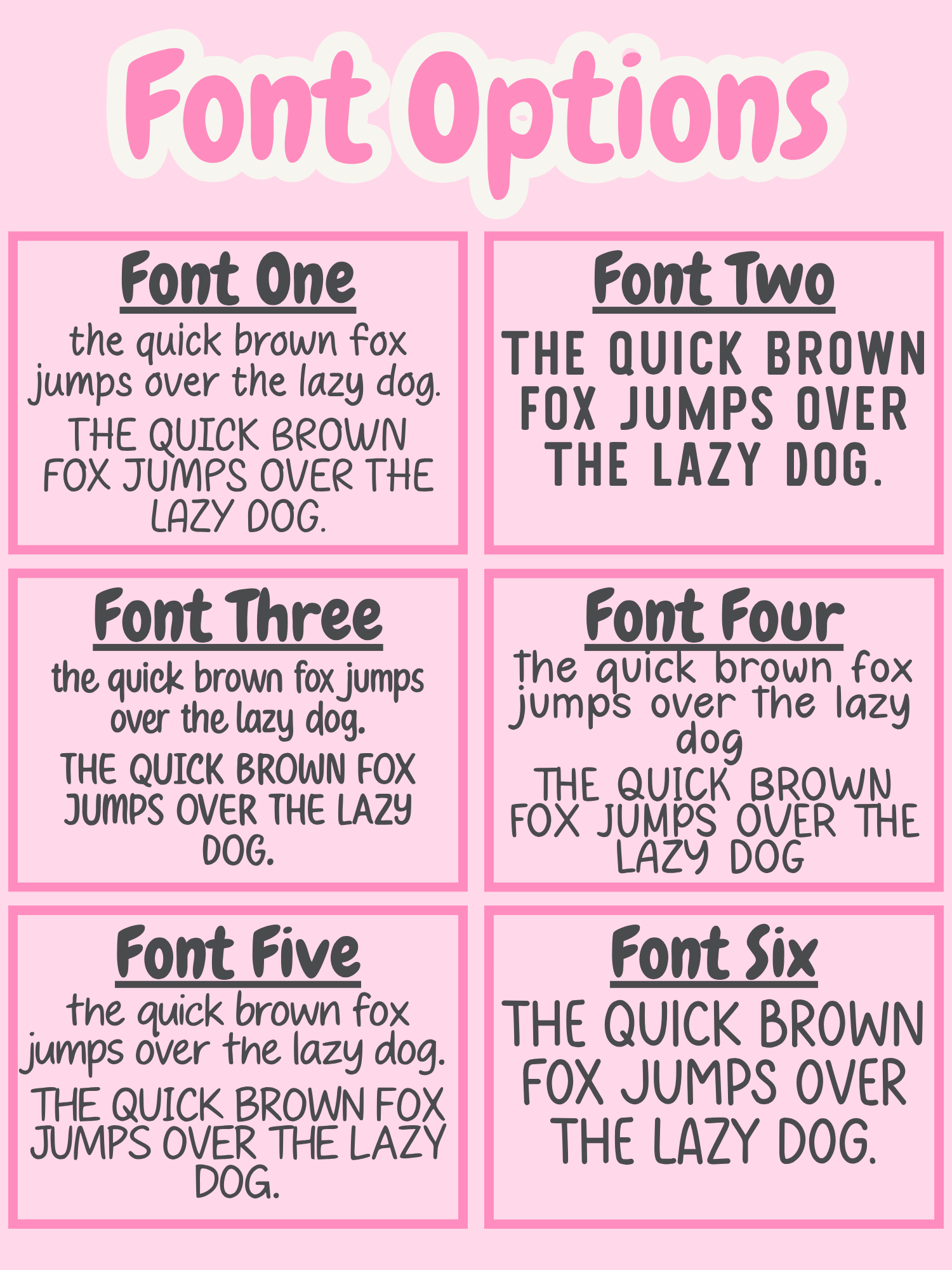 Comparison of six different fonts on a pink background with text.