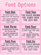 Comparison of six different fonts on a pink background with text.