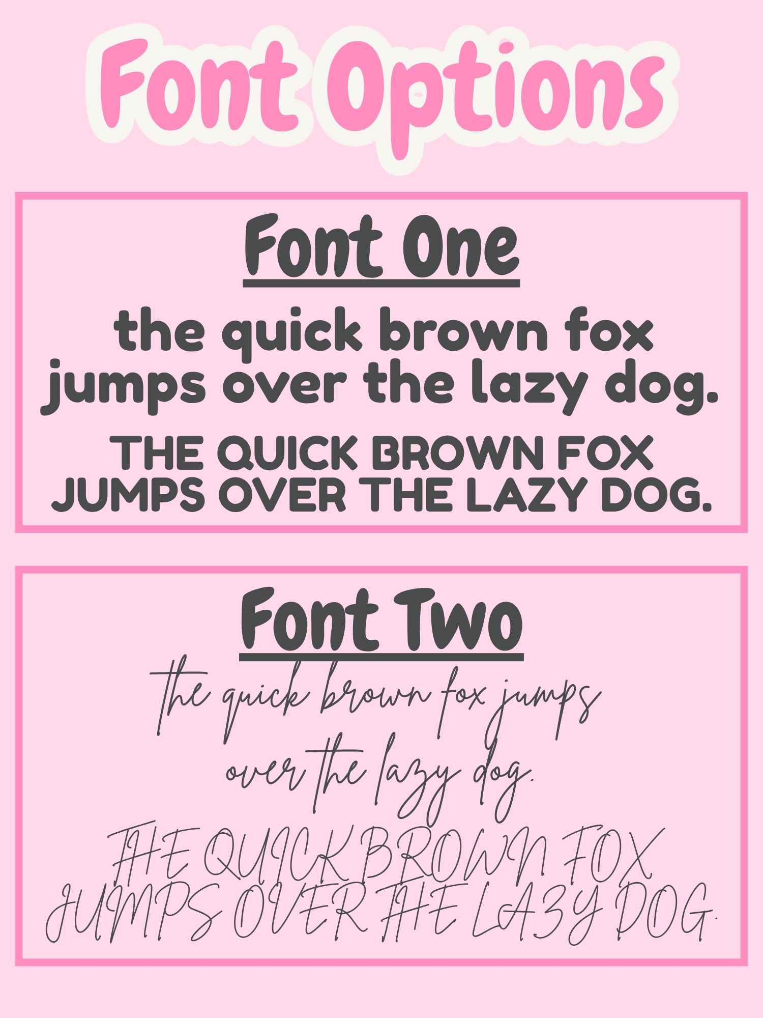 Comparison of two font styles on a pink background with text 'the quick brown fox jumps over the lazy dog'.