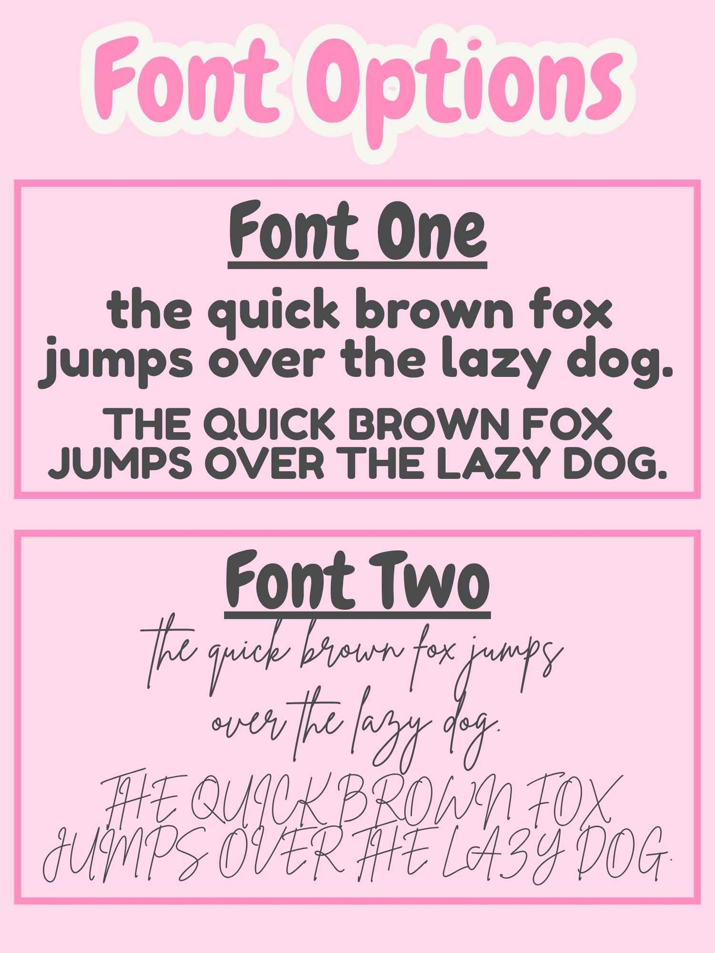 Comparison of two font styles on a pink background with text 'the quick brown fox jumps over the lazy dog'.