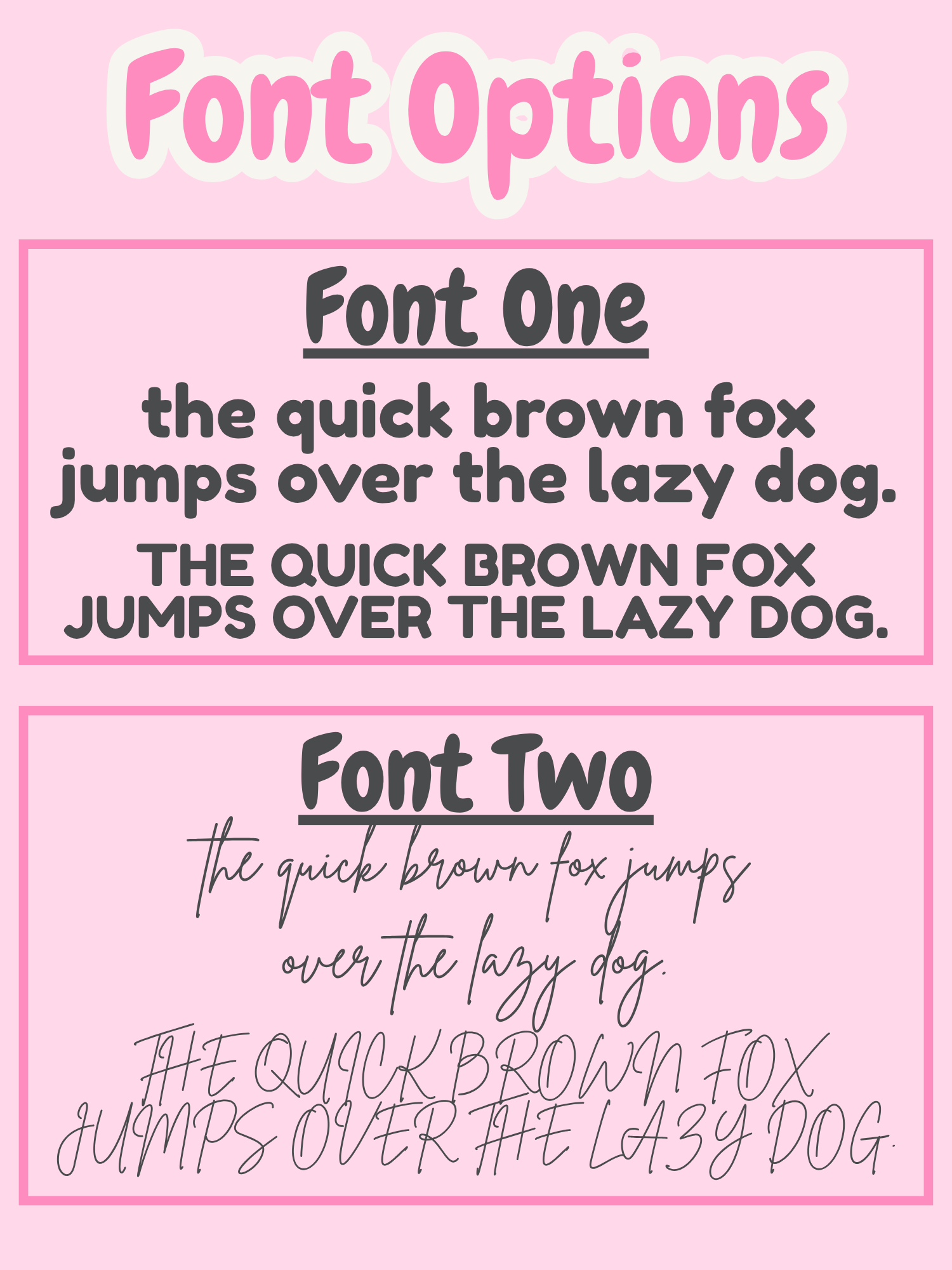 Comparison of two font styles on a pink background with text 'the quick brown fox jumps over the lazy dog'.