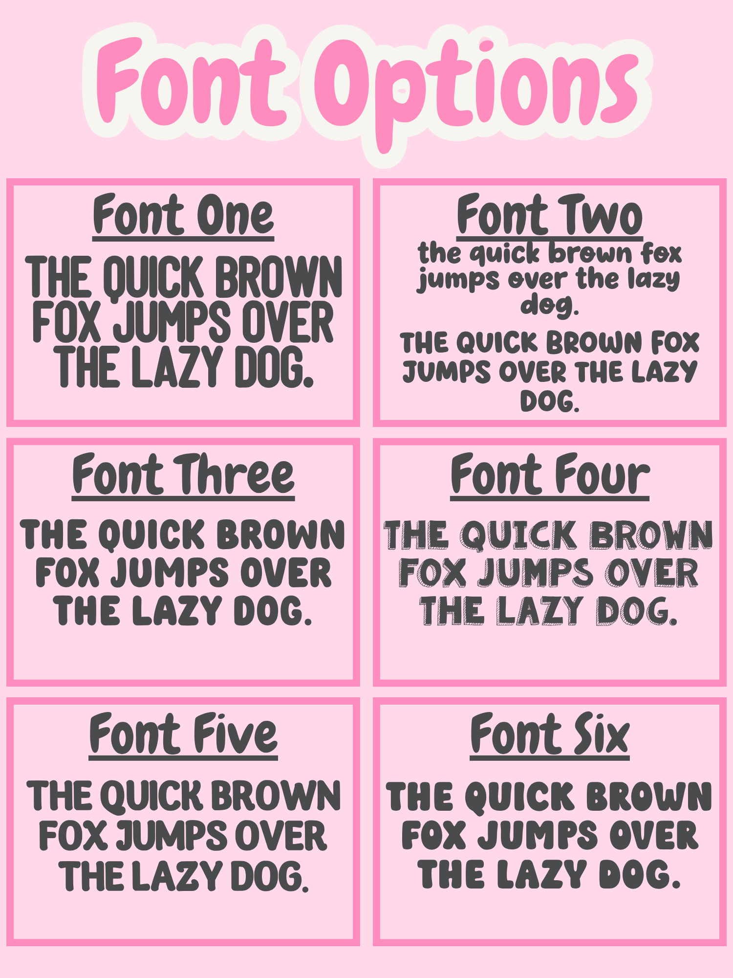Comparison of six different fonts with sample text on a pink background