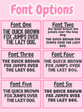 Comparison of six different fonts with sample text on a pink background