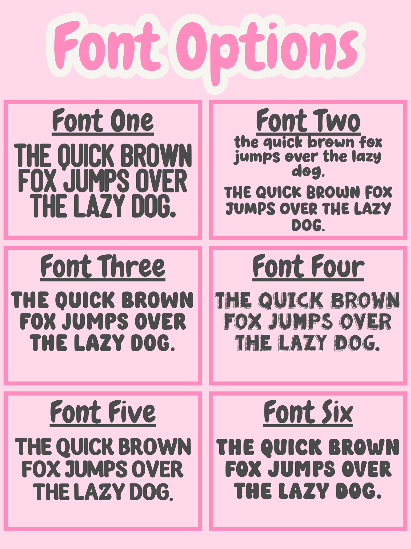 Comparison of six different fonts with sample text on a pink background