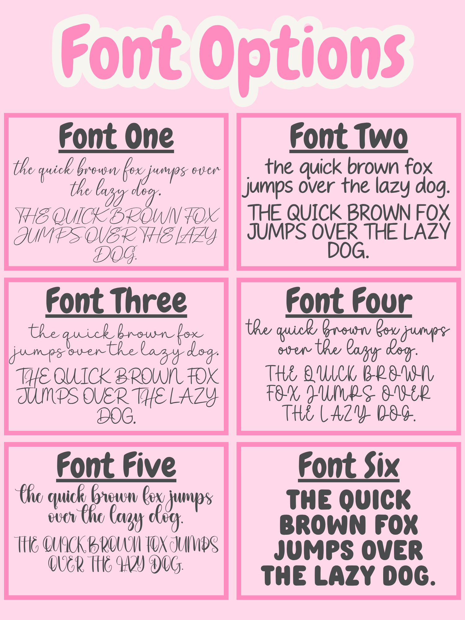 Comparison of six different fonts on a pink background