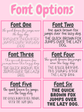Comparison of six different fonts on a pink background