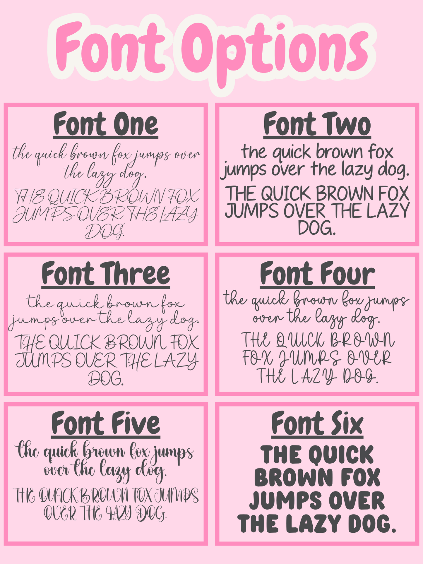 Comparison of six different fonts on a pink background