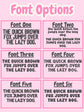 Comparison of six different fonts with text on a pink background