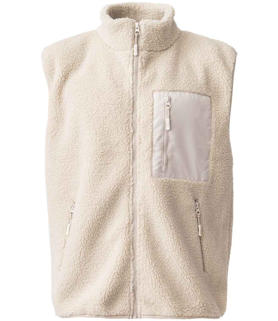 Beige fleece gilet with a front pocket on a white background