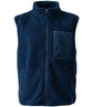 Navy blue fleece gilet with a front pocket on a white background