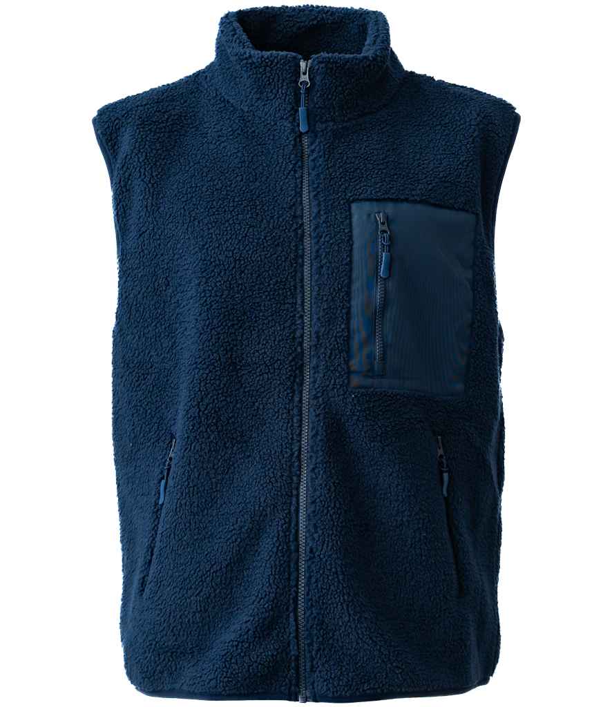 Navy blue fleece gilet with a front pocket on a white background