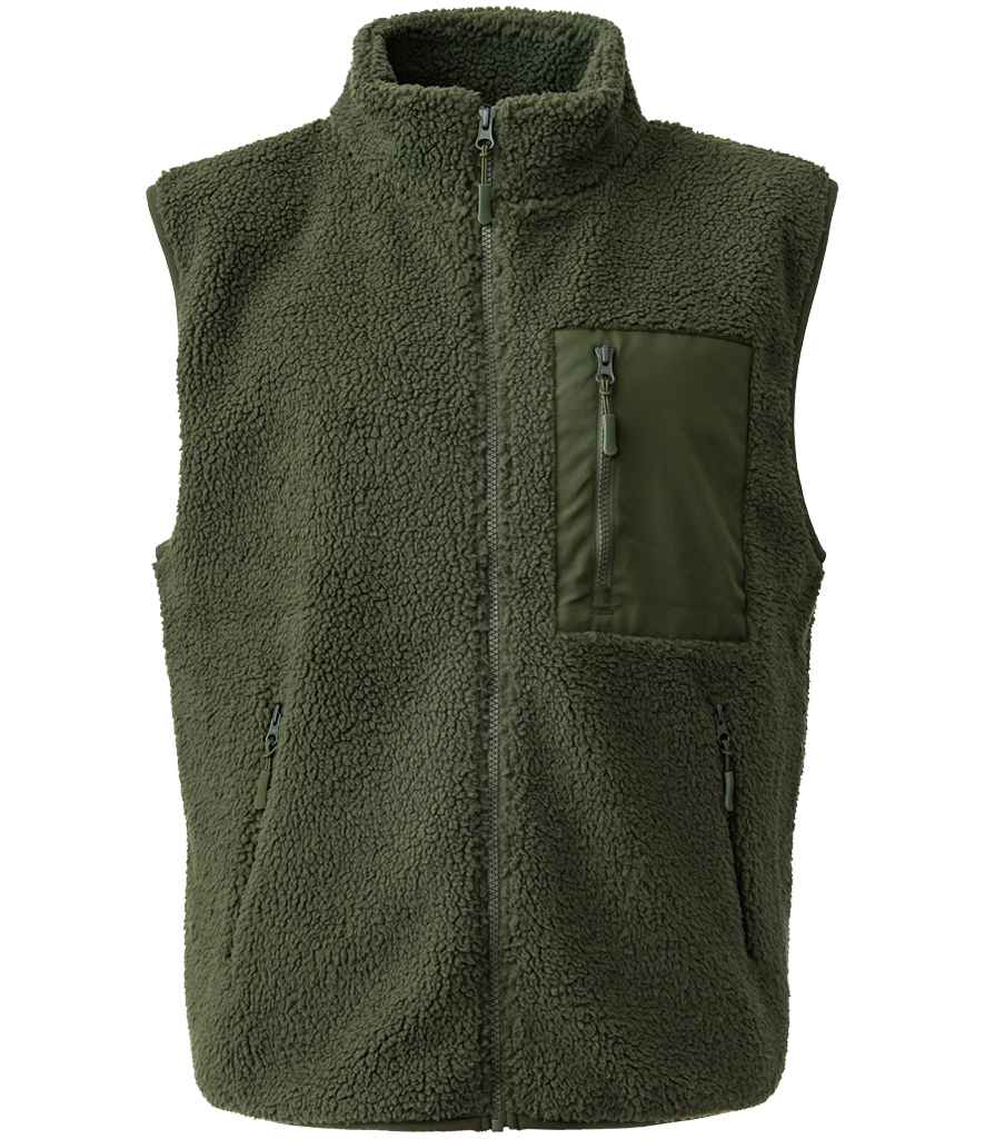 Green fleece gilet with a zipper on a white background