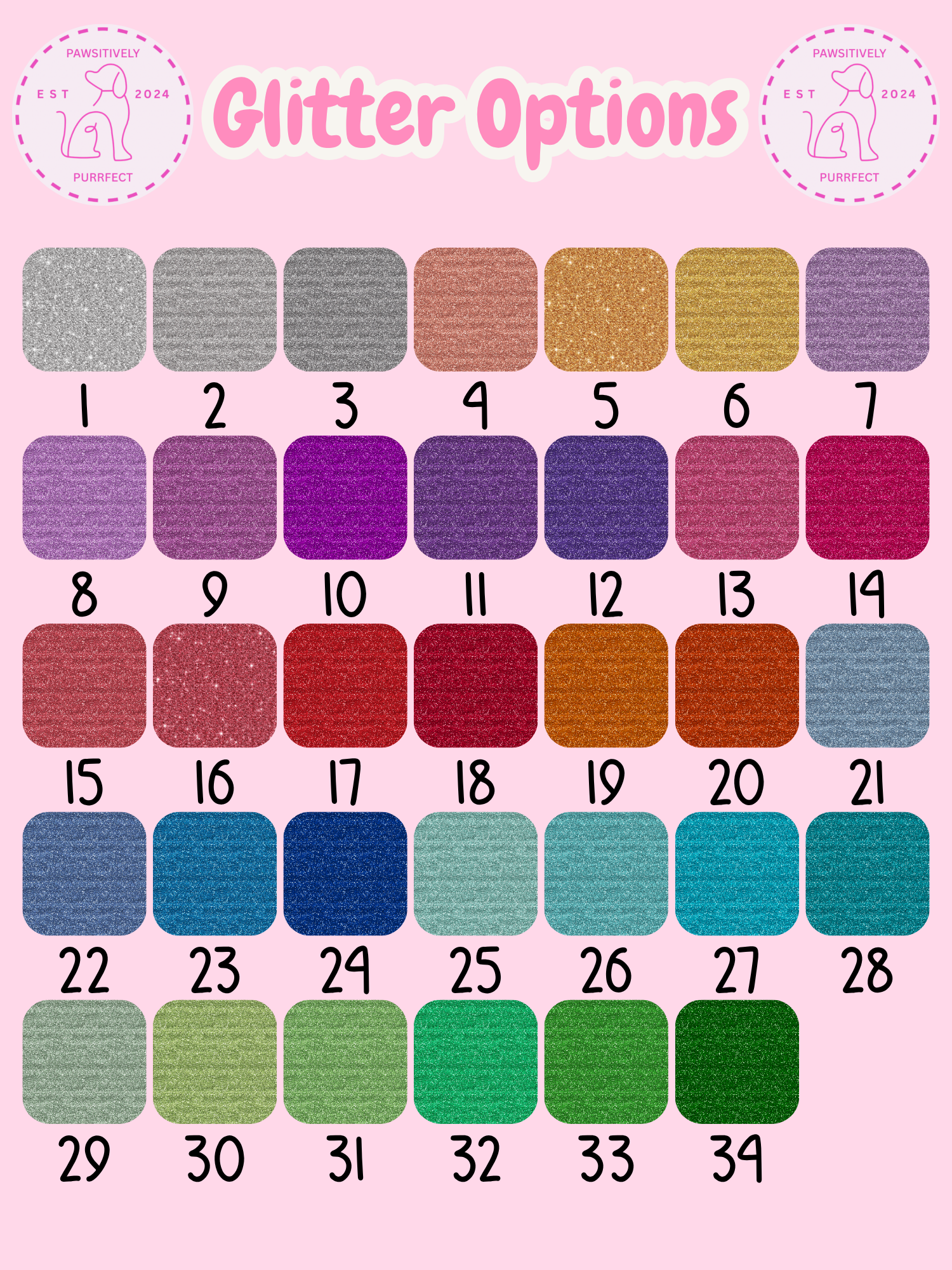 Color swatch chart for glitter options on a pink background